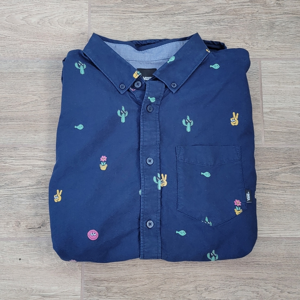 Vans All Over Print Cactus Flower Mens Navy Blue Casual Button Down Shirt Size M